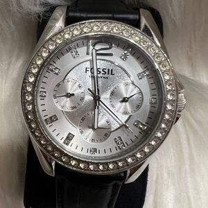 Vintage Fossil Silver Chronograph with Black Leather Strap